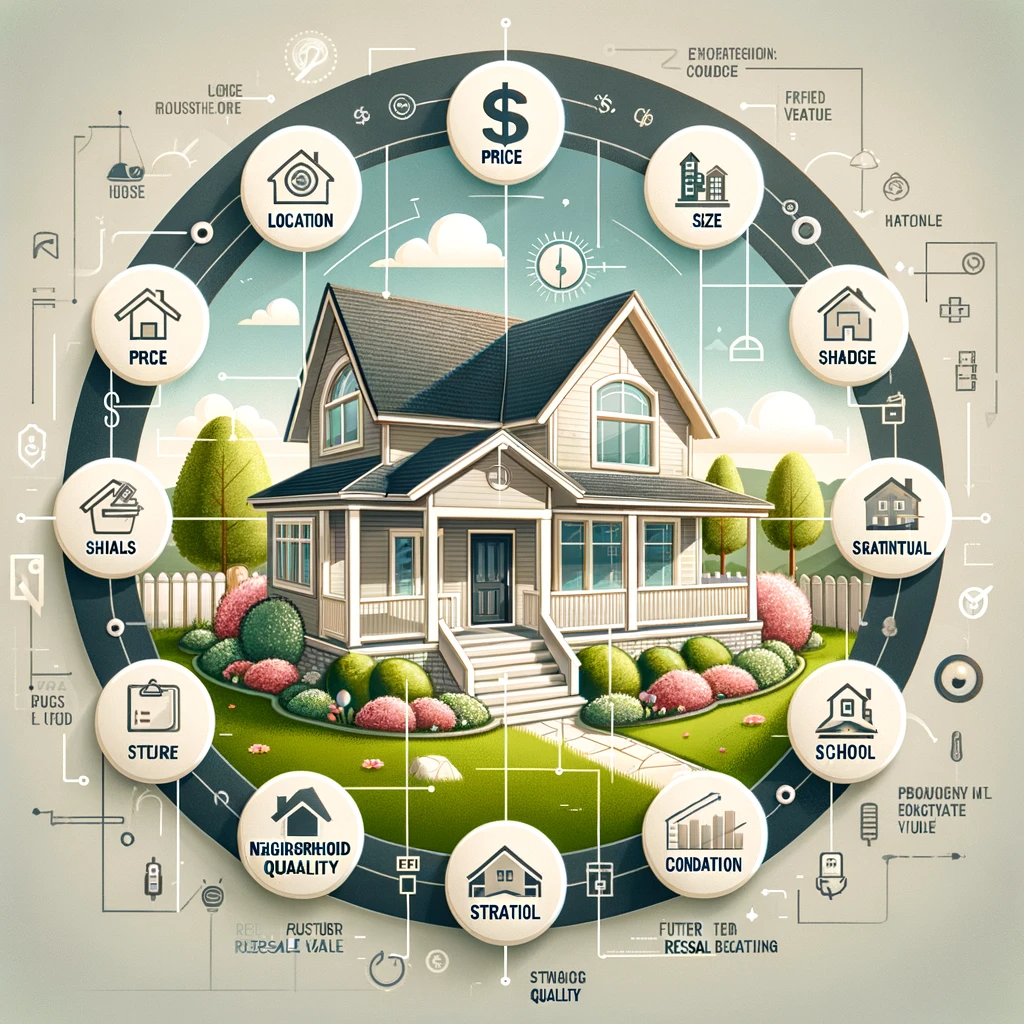 Illustration of a single-family home with icons representing key purchasing factors: location, price, size, neighborhood quality, school proximity, structural condition, and resale value.