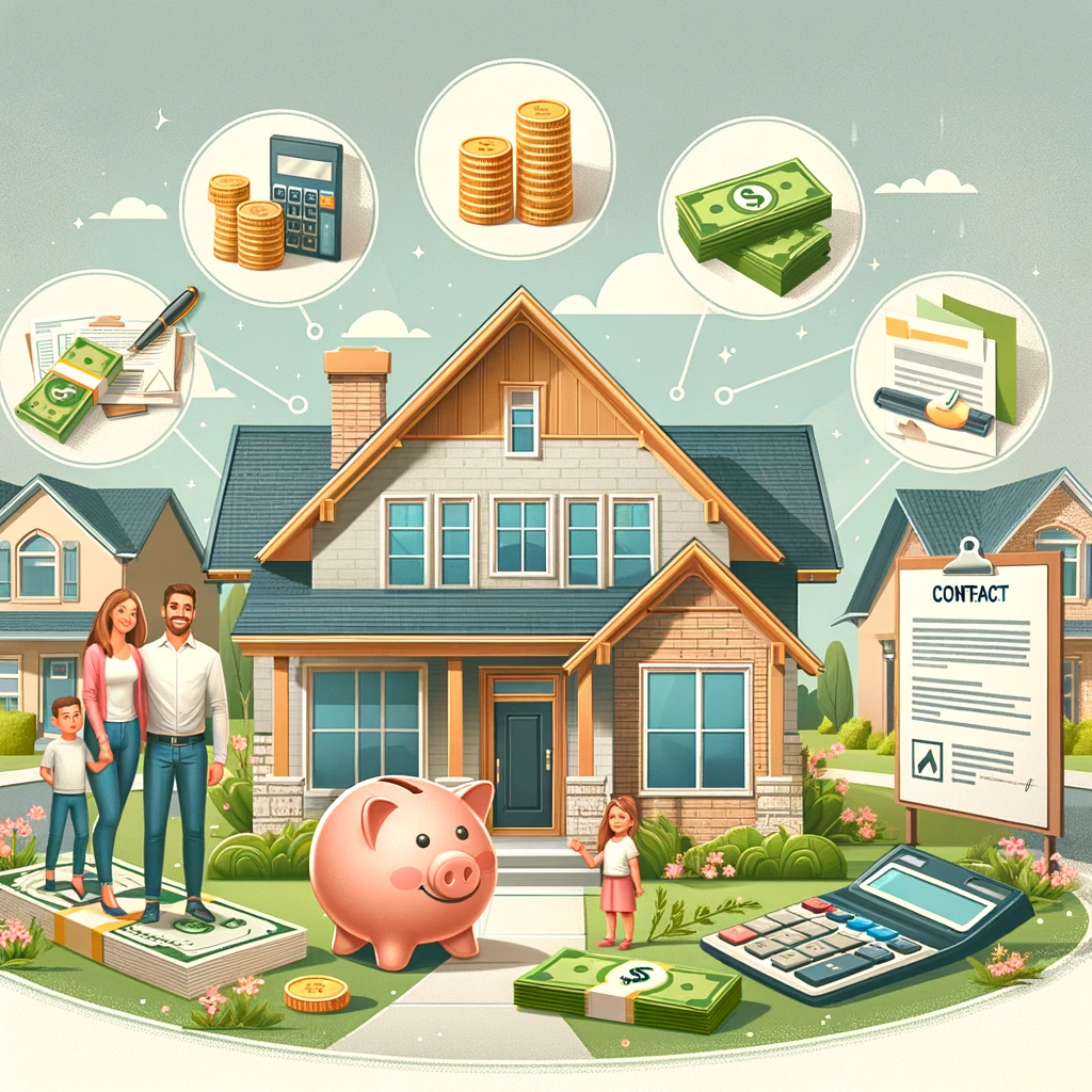 An illustration showing a modern single-family home with a happy family in front. Financial elements like a piggy bank, money stacks, a calculator, and a contract are displayed around the house, set against a suburban backdrop.