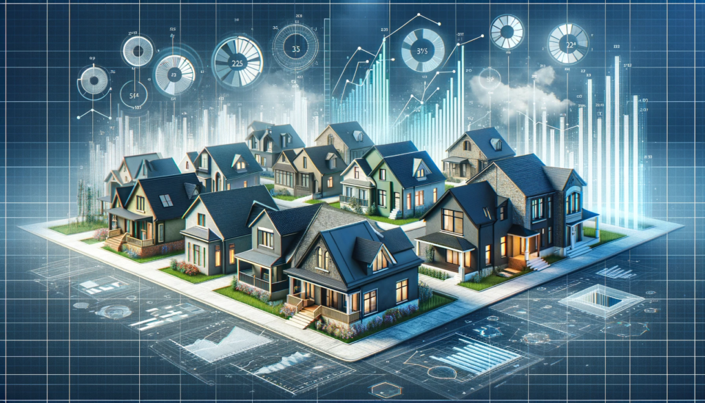 A detailed image showcasing a variety of single-family homes in different architectural styles, with charts and graphs integrated into the background, depicting real estate market trends.