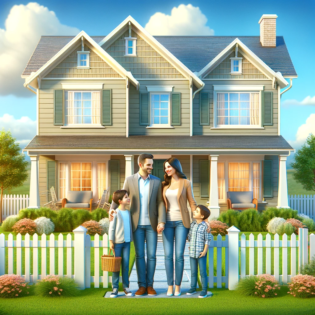 A happy family of four standing in front of their dream single-family home under a sunny sky.