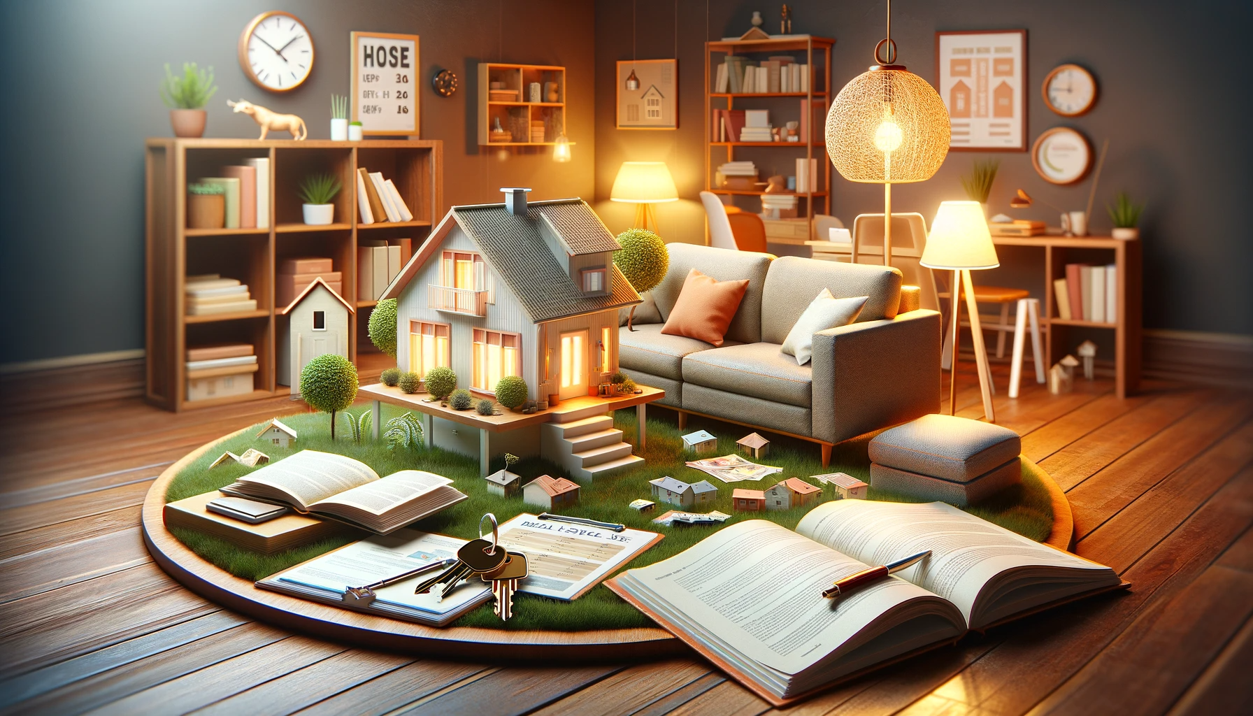 An image of a cozy home setting with real estate elements like a house model, keys, property listings, and guidebooks.
