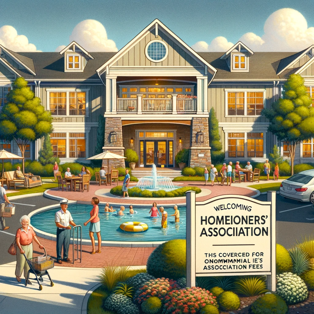 Illustration of a condominium complex with an HOA office and residents enjoying communal areas.