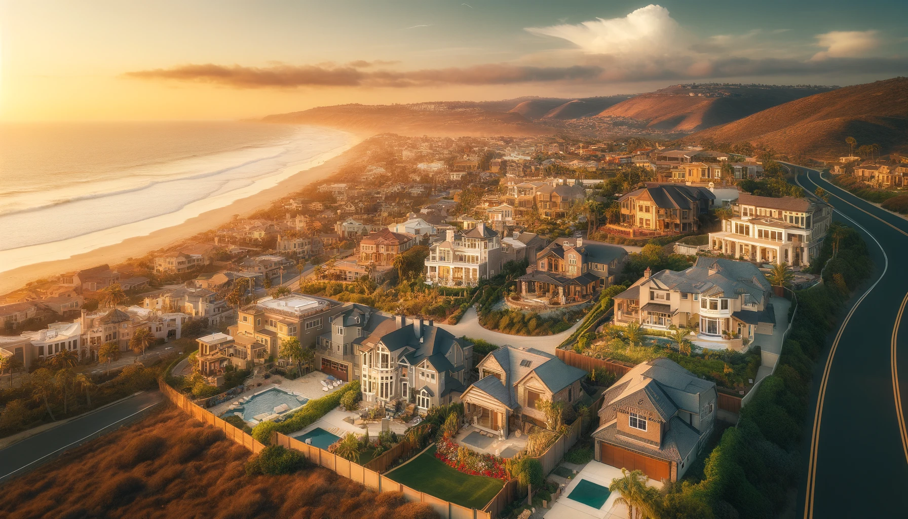 Panoramic view of Encinitas, California, showcasing luxurious real estate gems with ocean views, spacious suburban homes, and modern hillside estates.