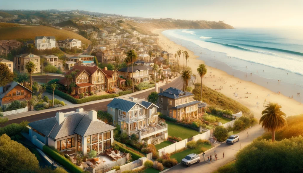 Picturesque view of Encinitas, California, showcasing diverse real estate with beachfront villas, suburban homes, and hillside houses.