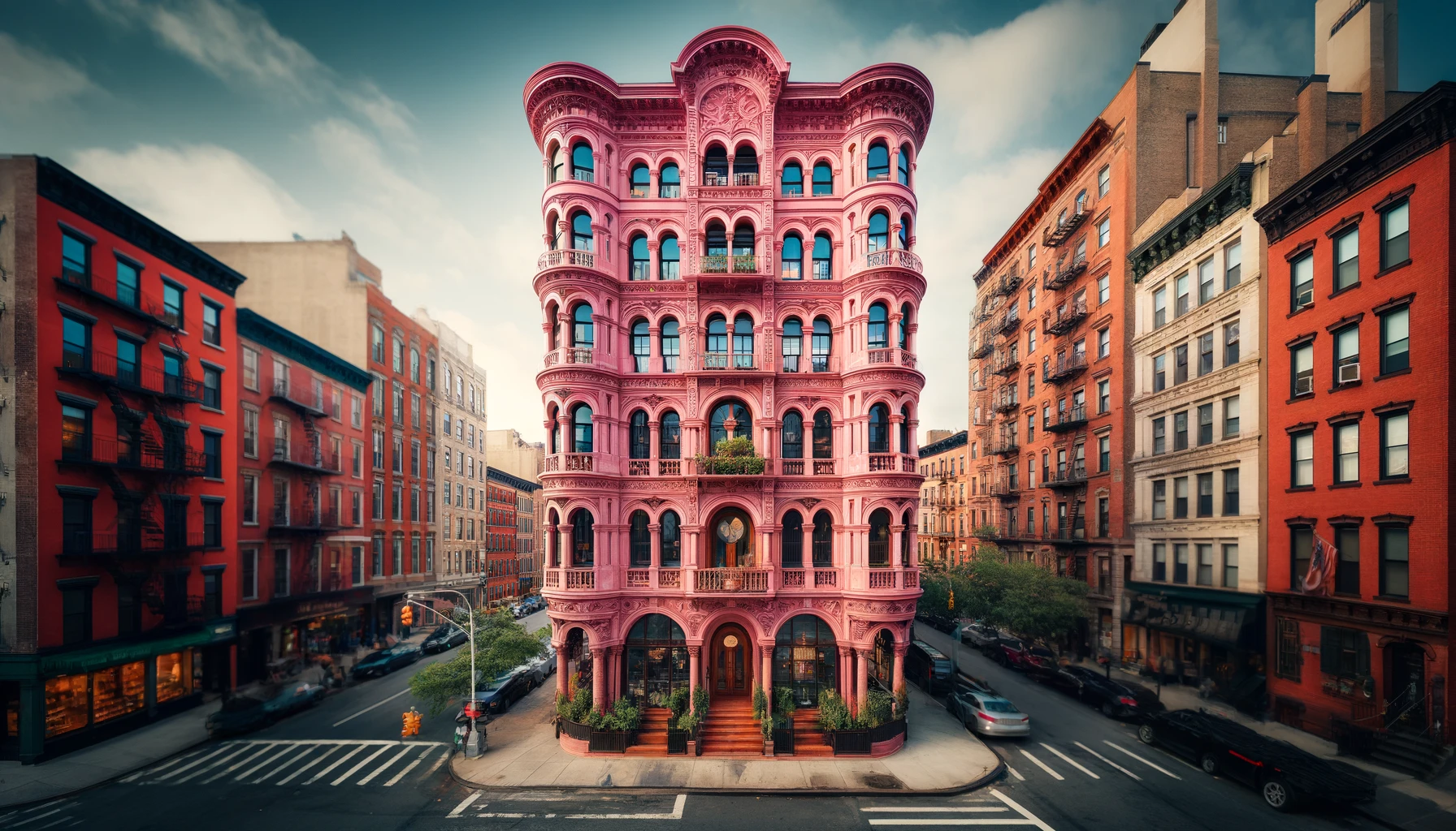 A wide-angle view of Palazzo Chupi, a vibrant pink five-story building in New York's West Village, featuring grand arches, intricate balconies, and large windows.