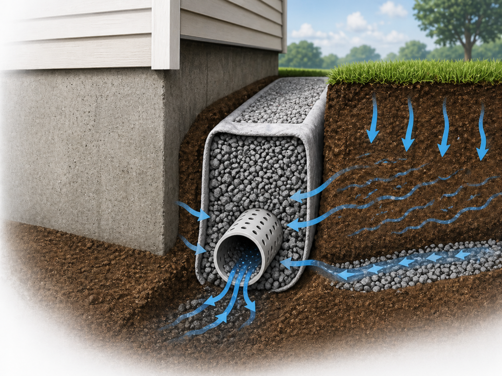 Underground drainage system cutaway diagram